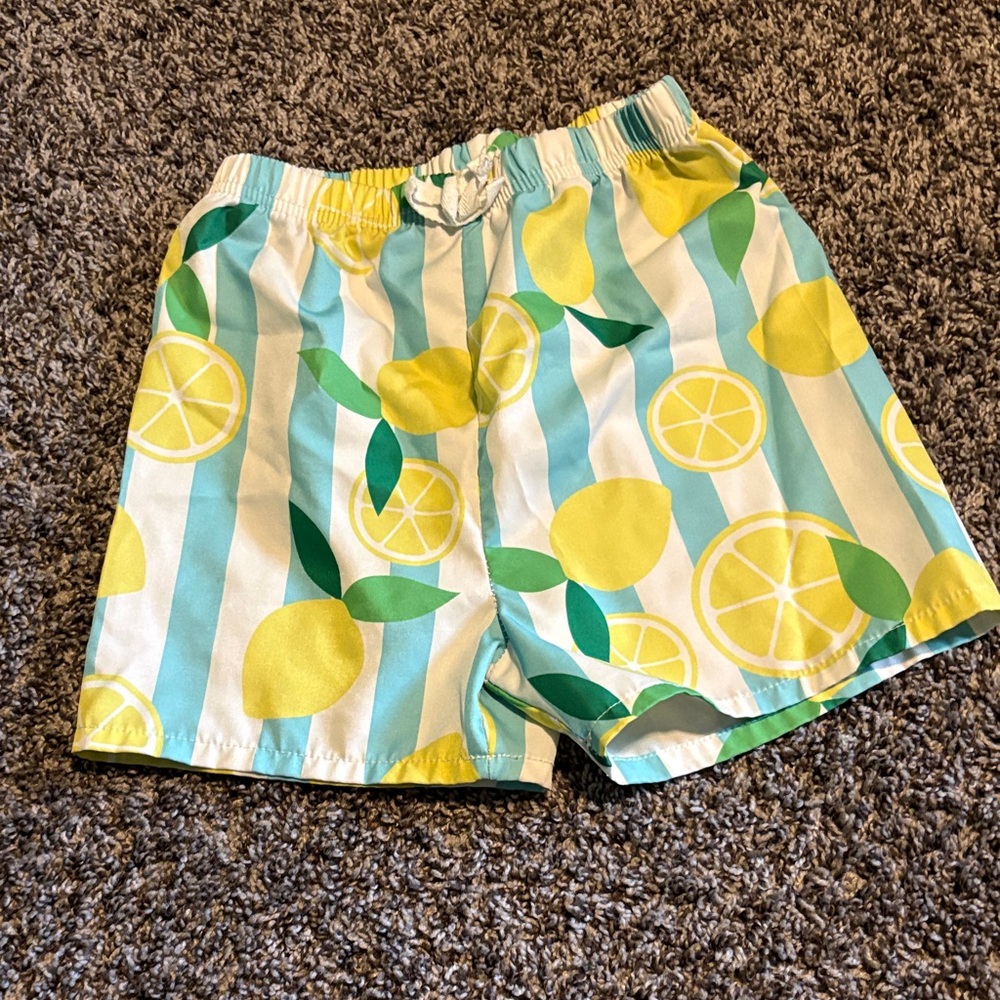 3 pairs of boys swim trunks Lemon Print, flamingo, and ducks.